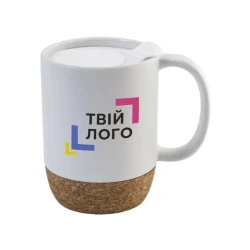 Керамическая термокружка KAROLINA со съемной пробковой подставкой и пластиковой крышкой с логотипом